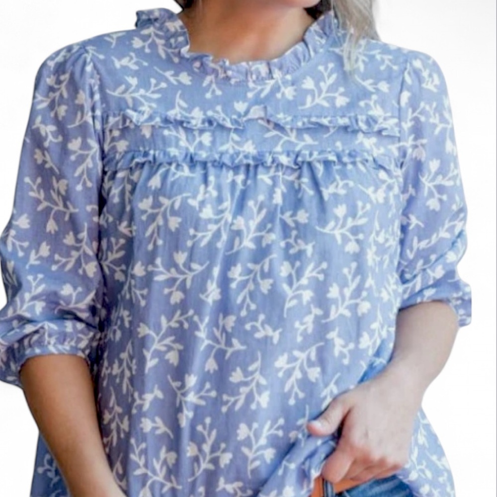 Light Blue Floral Ruffle Yoke Blouse - Women